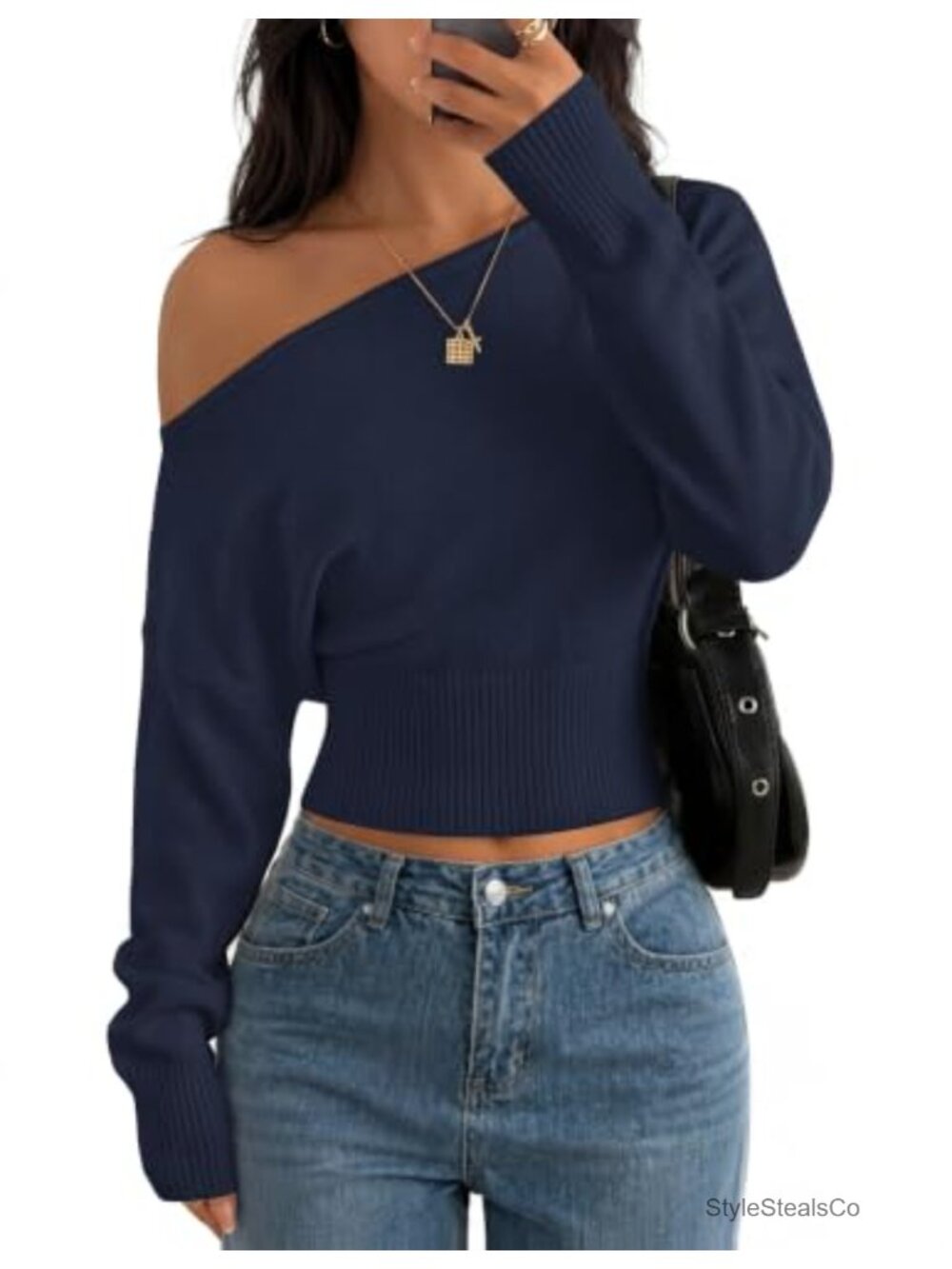 Off Shoulder Cinched Waist Cropped Sweater Pullover Puff Sleeve Knit Top